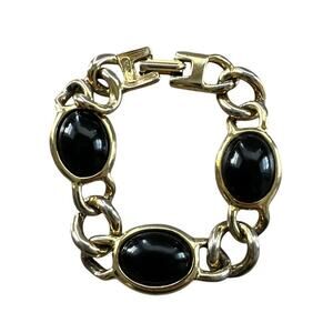Gold Tone Link Bracelet Black Stones Rounded Ovals c 1950s Jewelry Cabochon